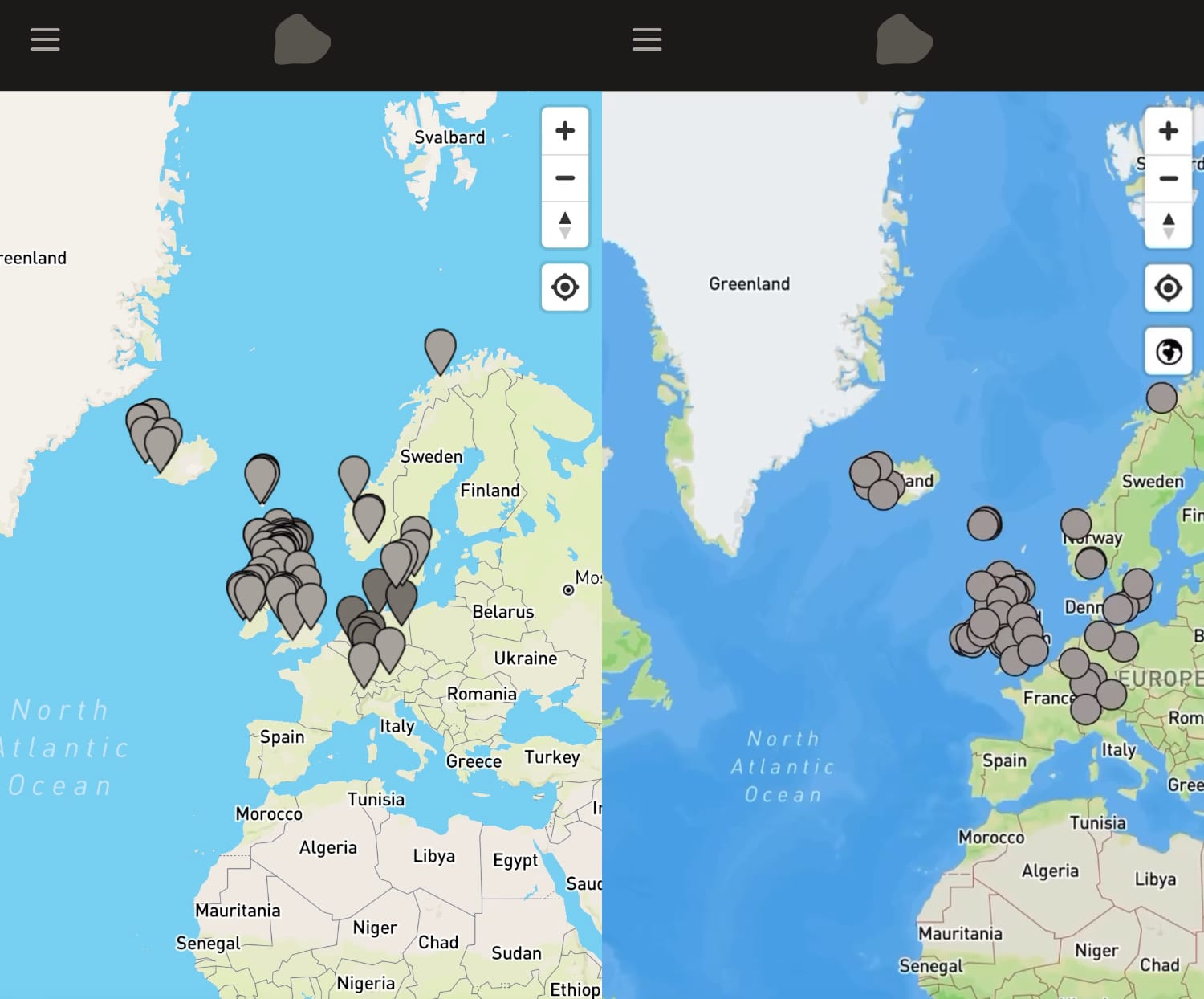 'Before', left, shows the old map with slightly ugly grey pins as map markers on a washed-out color-palette. 'After', right, shows grey circles as map markers on a more vibrant colour-palette.