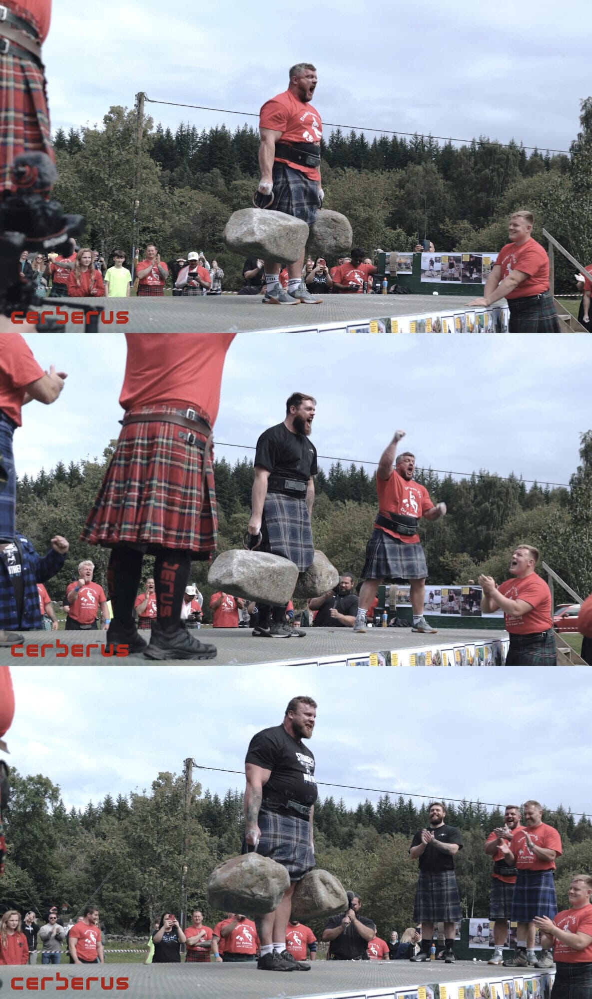 Three stacked images each showing a Stoltman brother lifting the Dinnie Stones. Top to bottom: Luke, Harry, Tom.
