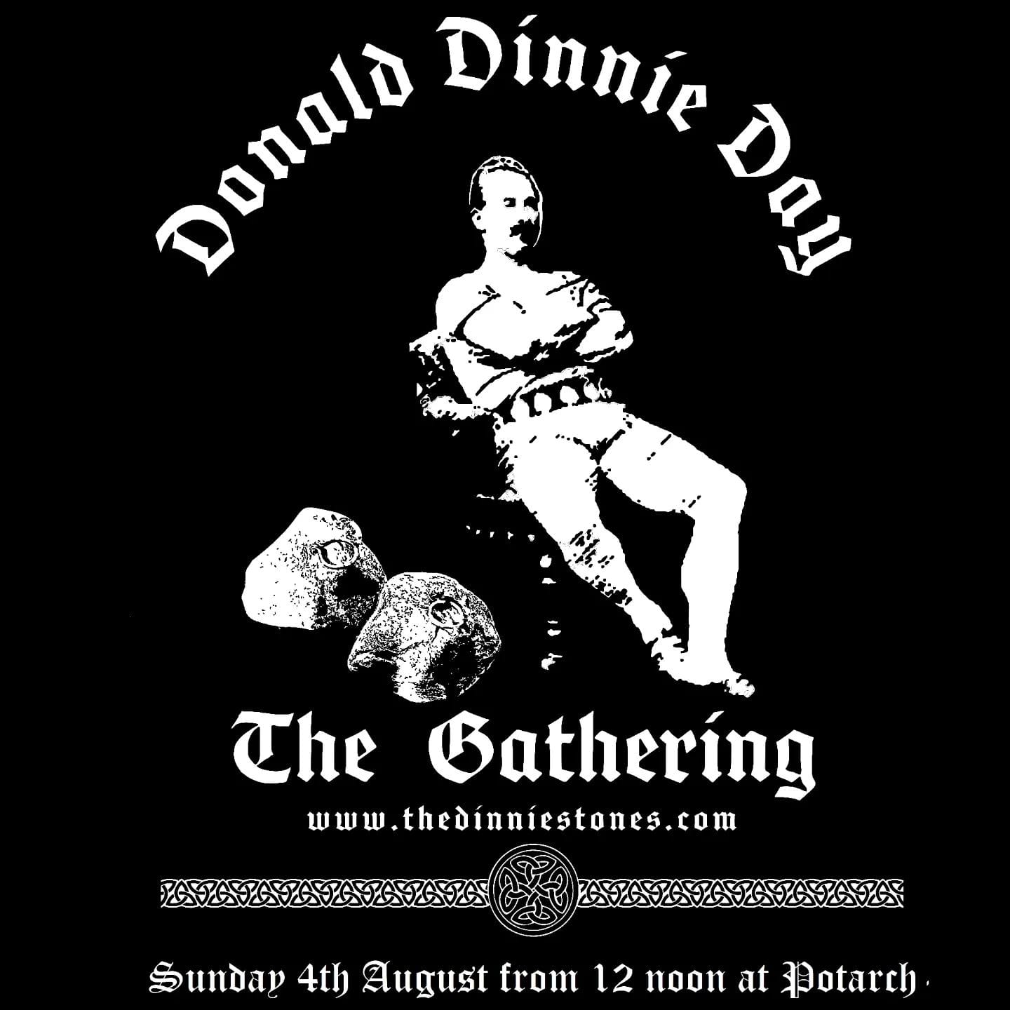 A poster of Donald Dinnie sitting in a chair with the Dinnie Stones beside him, announcing Donald Dinnie Day on 4th August 2024.