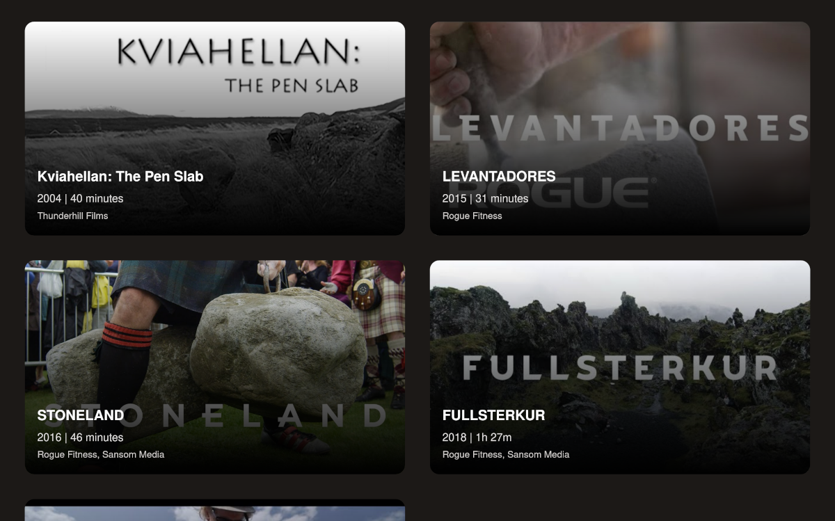 A cropped screenshot of the liftingstones.org documentary directory showing four documentaries.