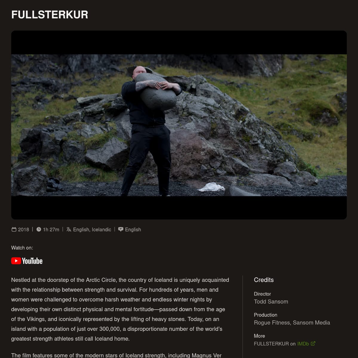 A cropped screenshot of the FULLSTERKUR documentary page on liftingstones.org. A frame from the film is visible.