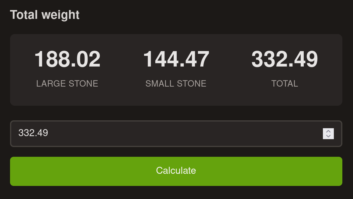 The final design of the calculator. It uses a side-by-side display of the weights above the input and calculate button.