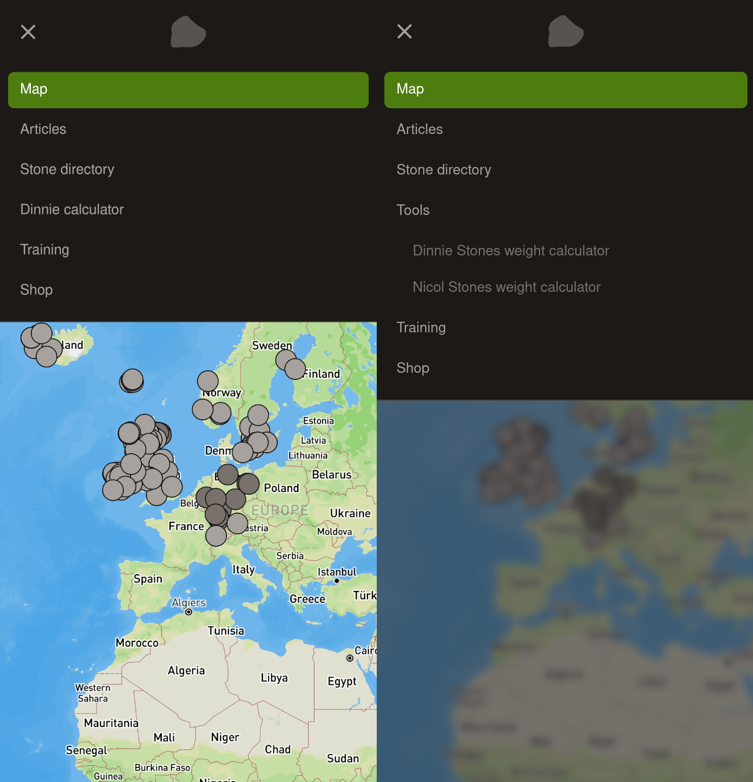 A comparison showing the old and new style navigation. The left is distracting with the liftingstones.org map clearly visible, the right has the map blurred and out of focus.