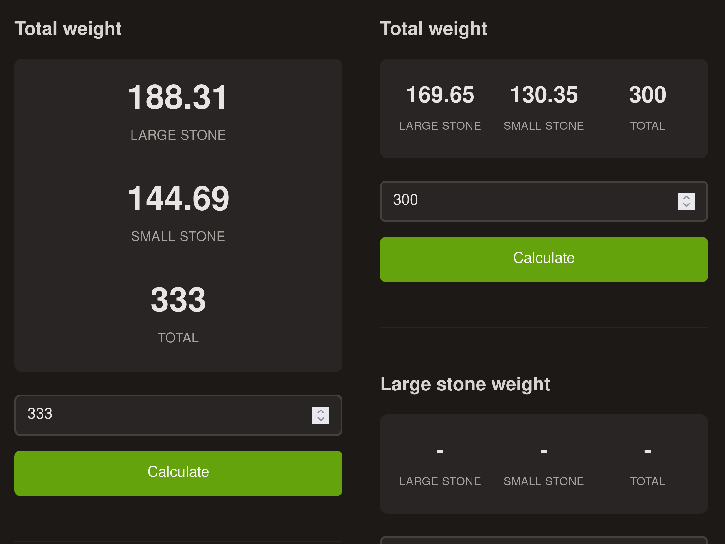 A comparison between the two display options. The left has the calculated weights arranged top-down, while the right has them left to right.