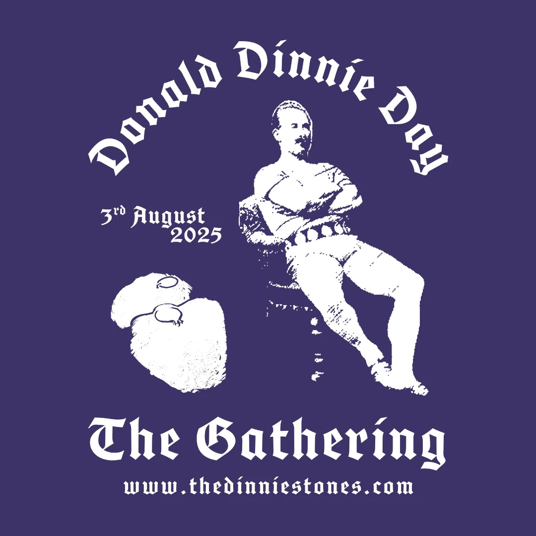 The poster for the 2025 Donald Dinnie Day with its white-on-purple colourscheme.