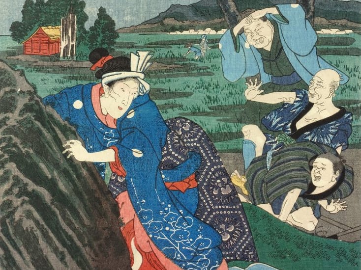 Strong woman Ōiko moving a huge boulder in order to irrigate the villagers' rice-fields, to the surprise of three peasants