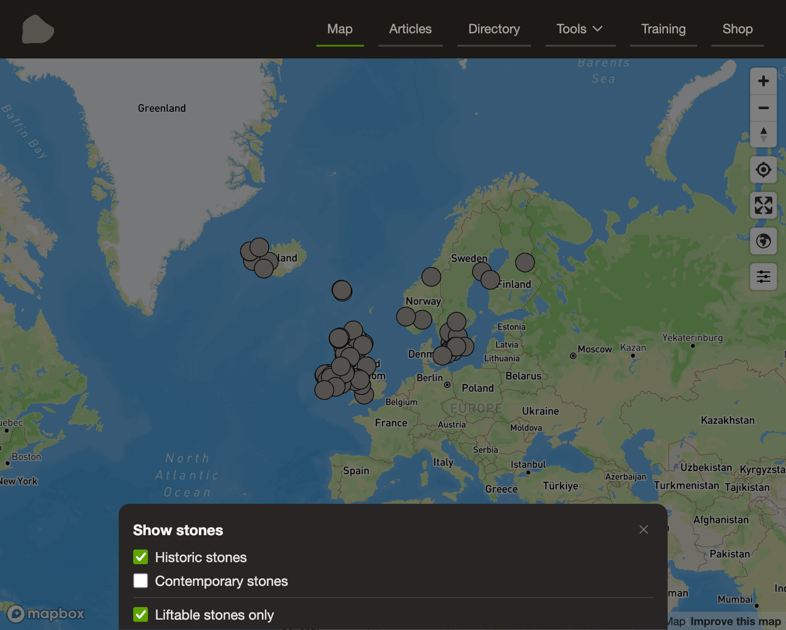 A screenshot of the liftingstones.org map's new filter drawer filtering historic lifable stones.