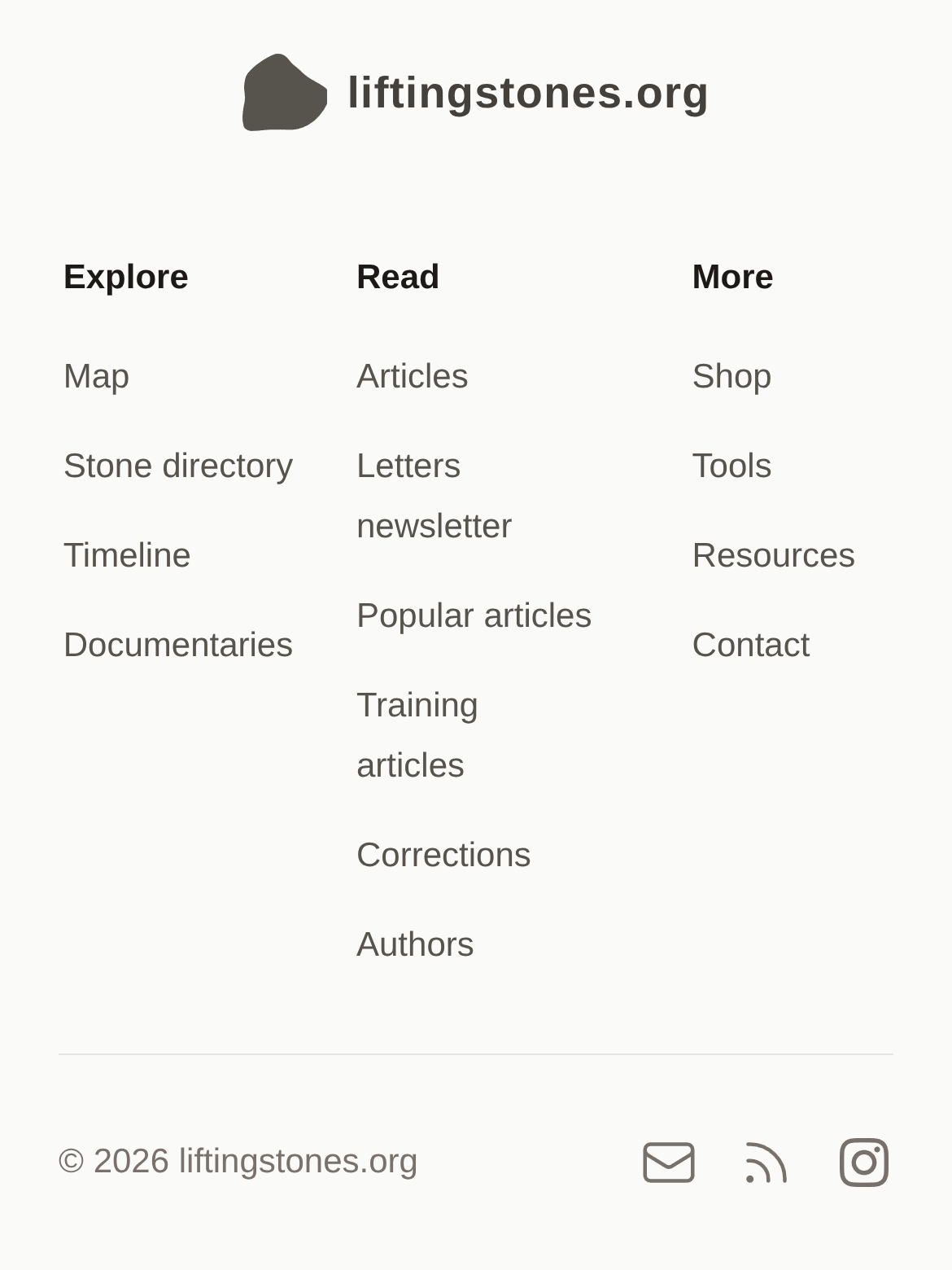 The new liftingstones.org footer, organised into Explore, Read, and More sections.