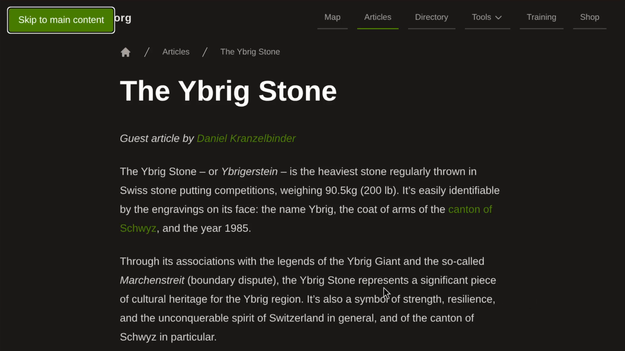 A screenshot of an article on the liftingstones.org website showing a skip link at the top left of the screen.