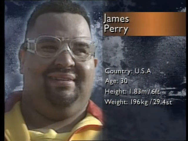 A screencapture of the 1992 World's Strongest Man broadcast showing James Perry's athlete profile. The caption for weight reads "Weight: 196kg / 29.4st".