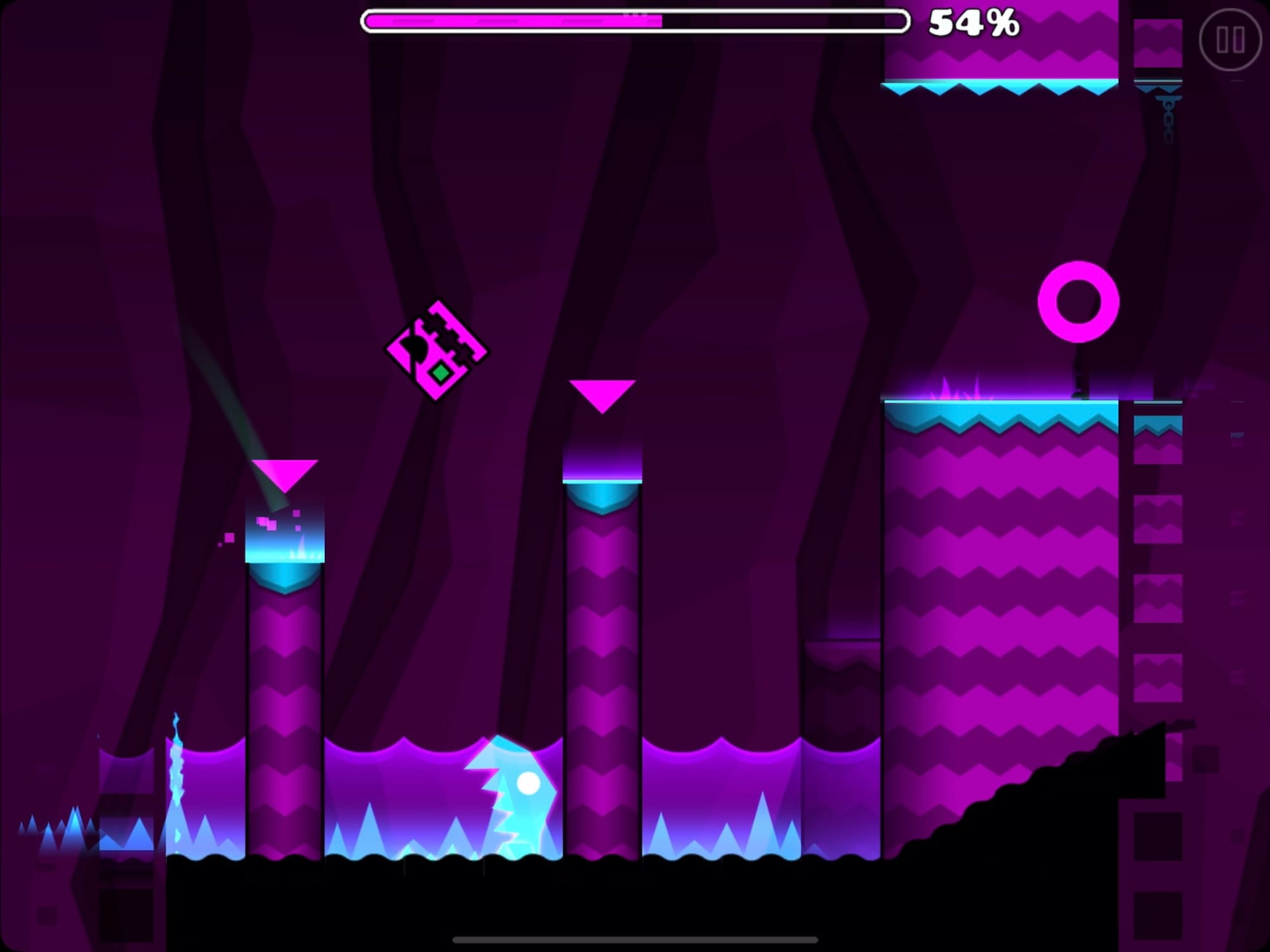 A screenshot from the middle of Viking Arena, the usual flames and warm colours are replaced by water and very bright cyans, purples, and pinks.