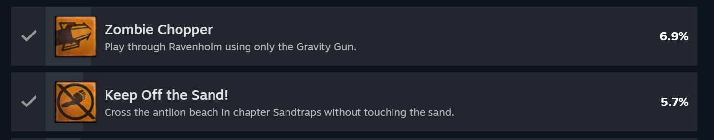 The achievement icons for Zombie Chopper and Keep Off The Sand!, with an achieved rate of 6.9% and 5.7% respectively.