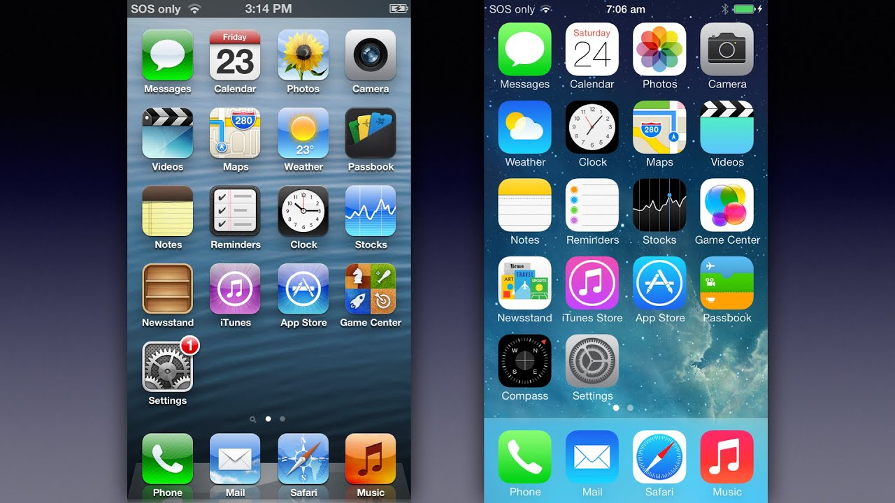 A comparison of iOS 6 and iOS 7. The latter has flatter colours and simpler designs.