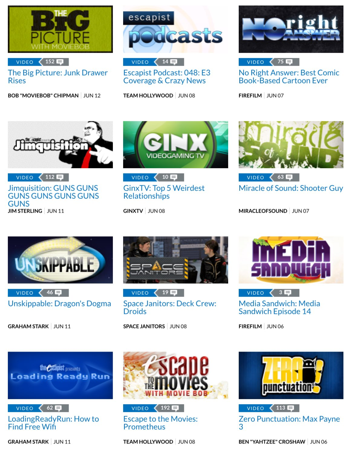 Multiple shows on the old website for The Escapist, from approximately 2012. Some shows include Zero Punctuation, LoadingReadyRun, Miracle of Sound, the Jimquisition, and others.