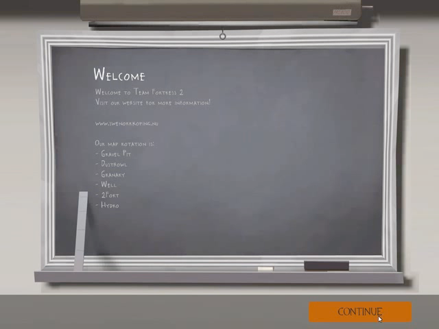 A screenshot of the menu for Team Fortress 2 on launch. A chalkboard with all of the text and options looking like they were written on it. The font looks handwritten and the colours are a chalky white.