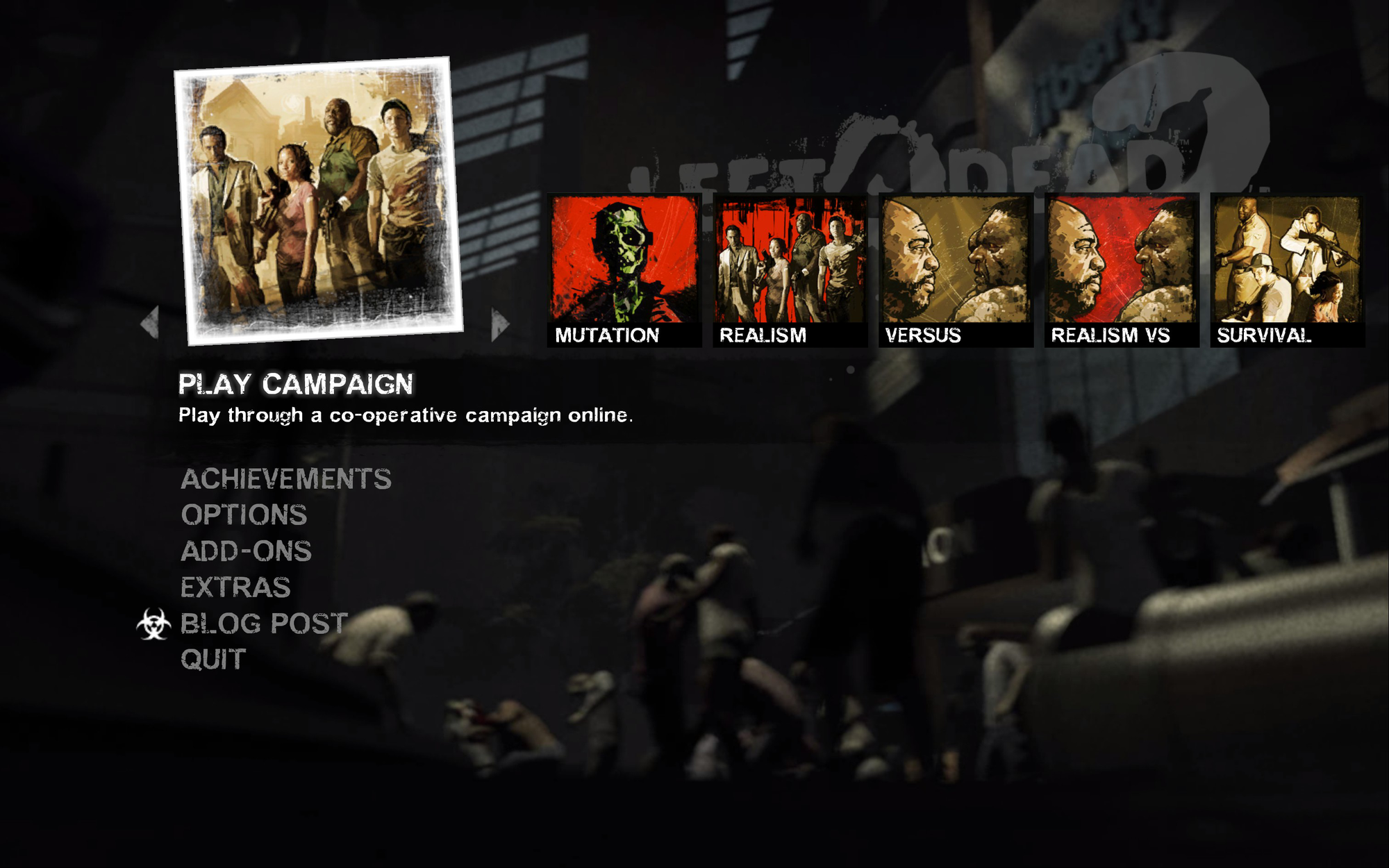 The main menu of Left 4 Dead 2. Its background also features zombies, but the logo is plastered with some transparency in the top right corner, and is covered up by come of the options on the menu.