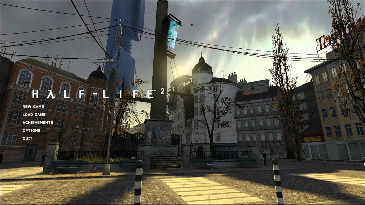 The main menu for Half-Life 2, being exactly what I described. Its background shows the town square of City 17.