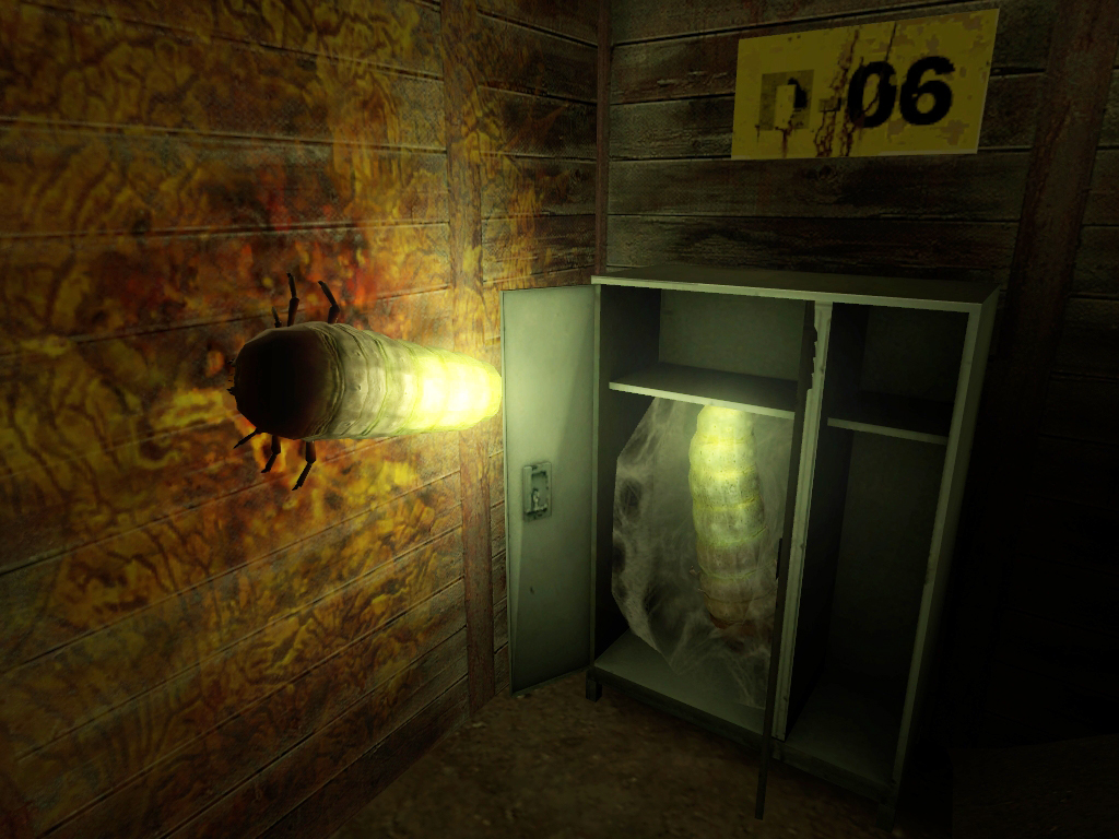 A screenshot from the game of two Grubs in the mines. One of them is in the wooden wall with a red and yellow web-looking liquid surrounding it, and the other is squirming in its own web crammed inside a locker.
