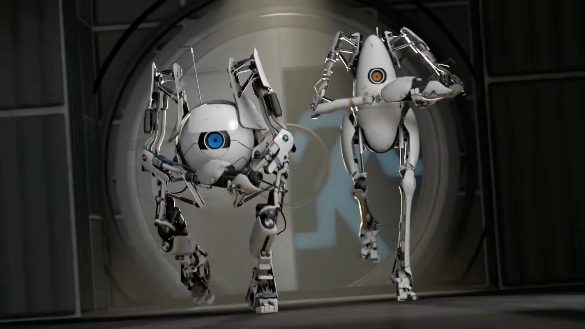 A screenshot form a Portal 2 trailer, featuring P-Body and Atlas, two robots.