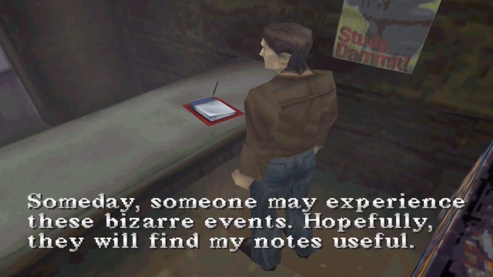 Harry at the first checkpoint in the café, a red notebook lying on a table. He's saying "Someday, someone may experience these bizarre events. Hopefully, they will find my notes useful".