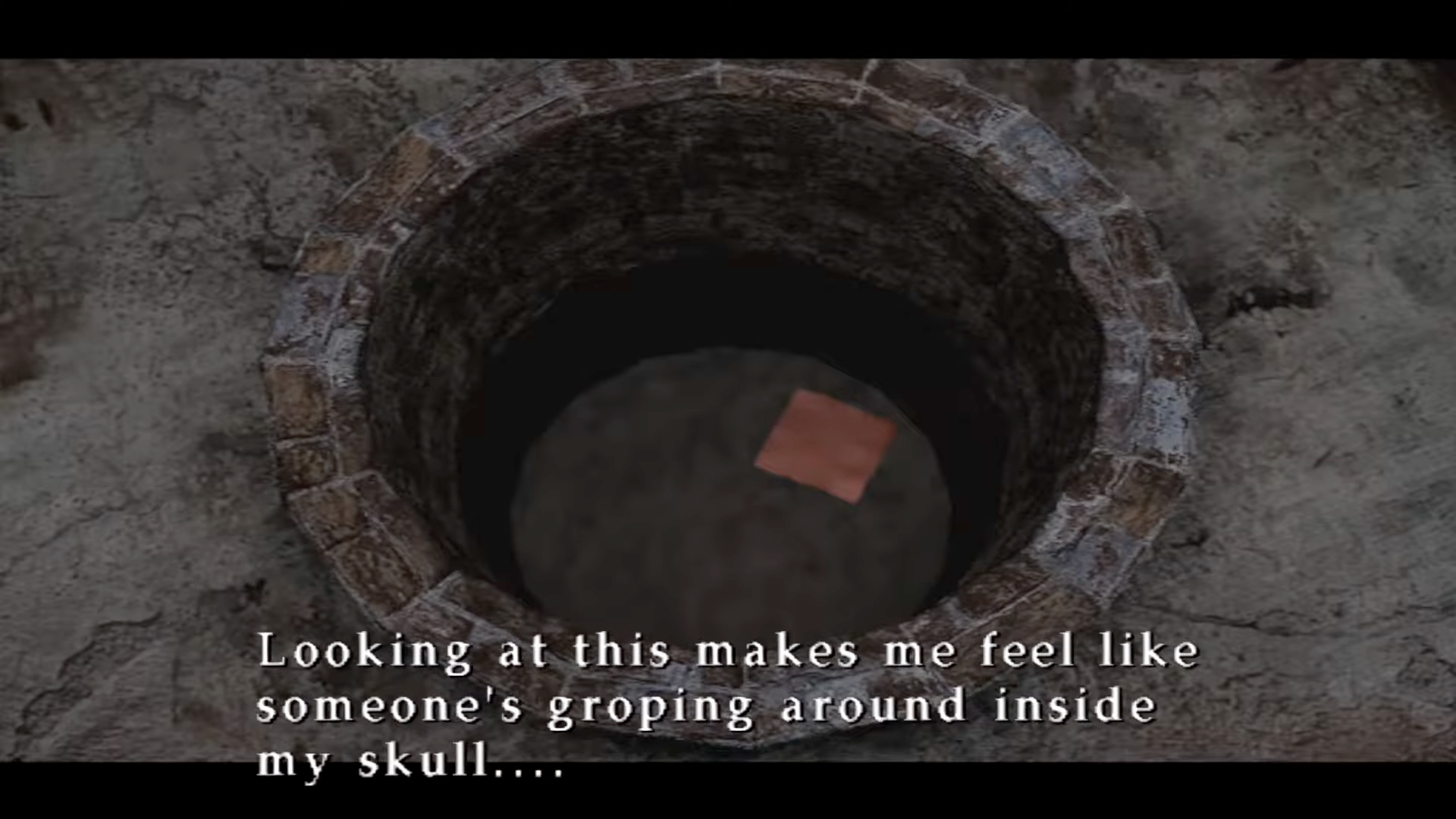 The first save point of Silent Hill 2, a bright red square at the bottom of an old well. James says "Looking at this makes me feel like someone's groping around inside my skull…."