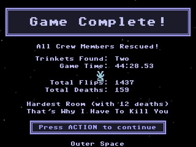 The Game Complete screen for VVVVVV. It showed I beat the game in 44:28.53, with 1,437 flips, and just 159 deaths.