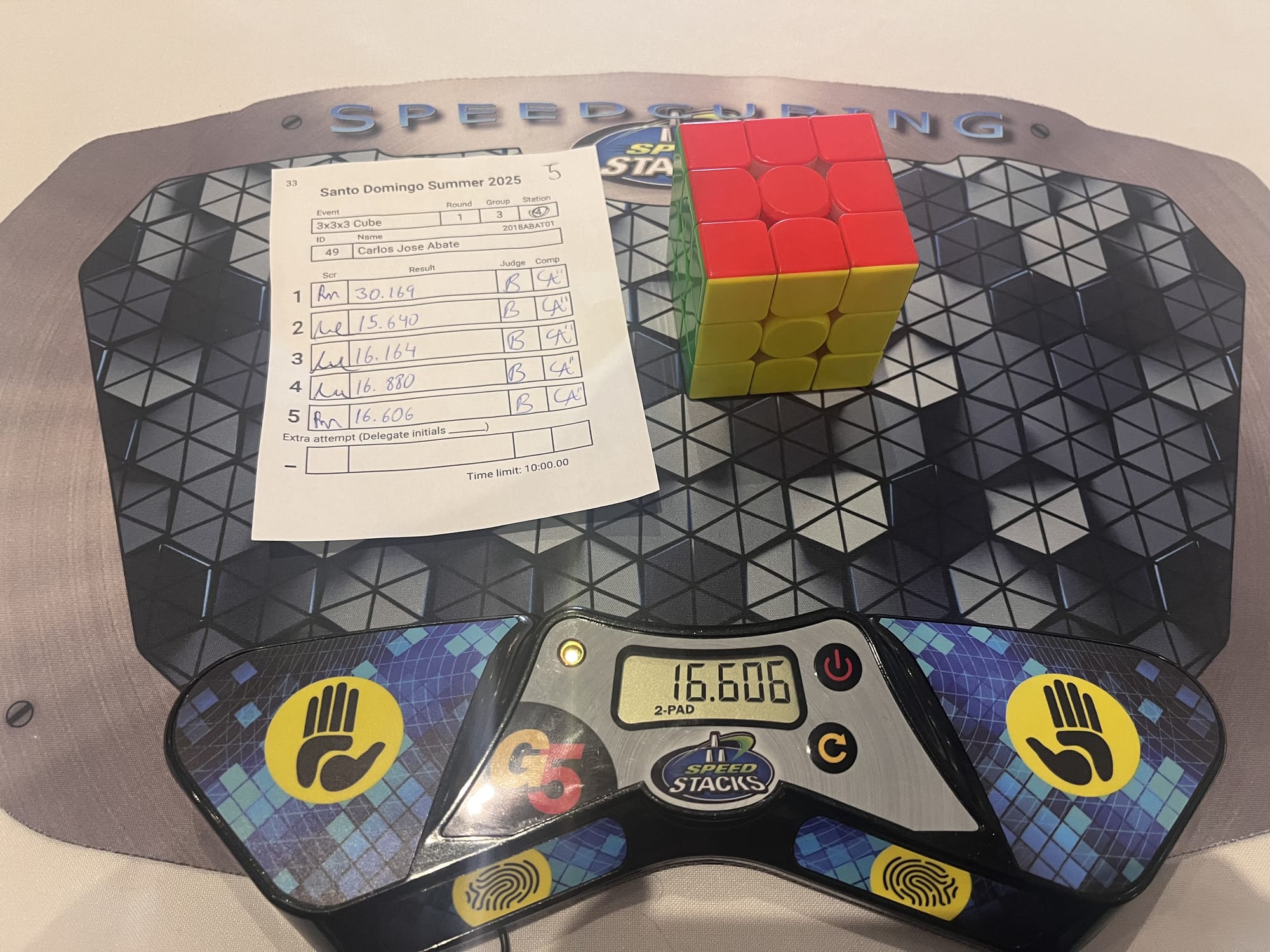 My Round 1 3x3 average of 5 for the competition! (30.16), (15.64), 16.16, 16.88, 16.60.