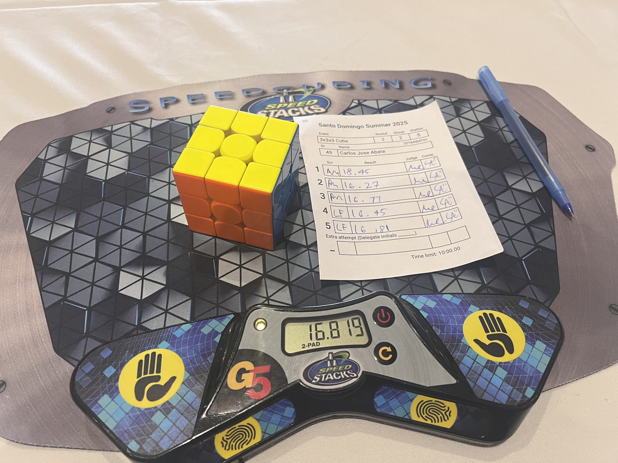 My Round 2 3x3 average of 5 for the competition! (18.45), (16.27), 16.77, 16.45, 16.81.