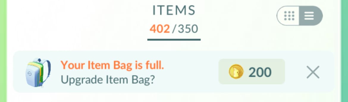 The display for my items, saying I have 402/350 items.