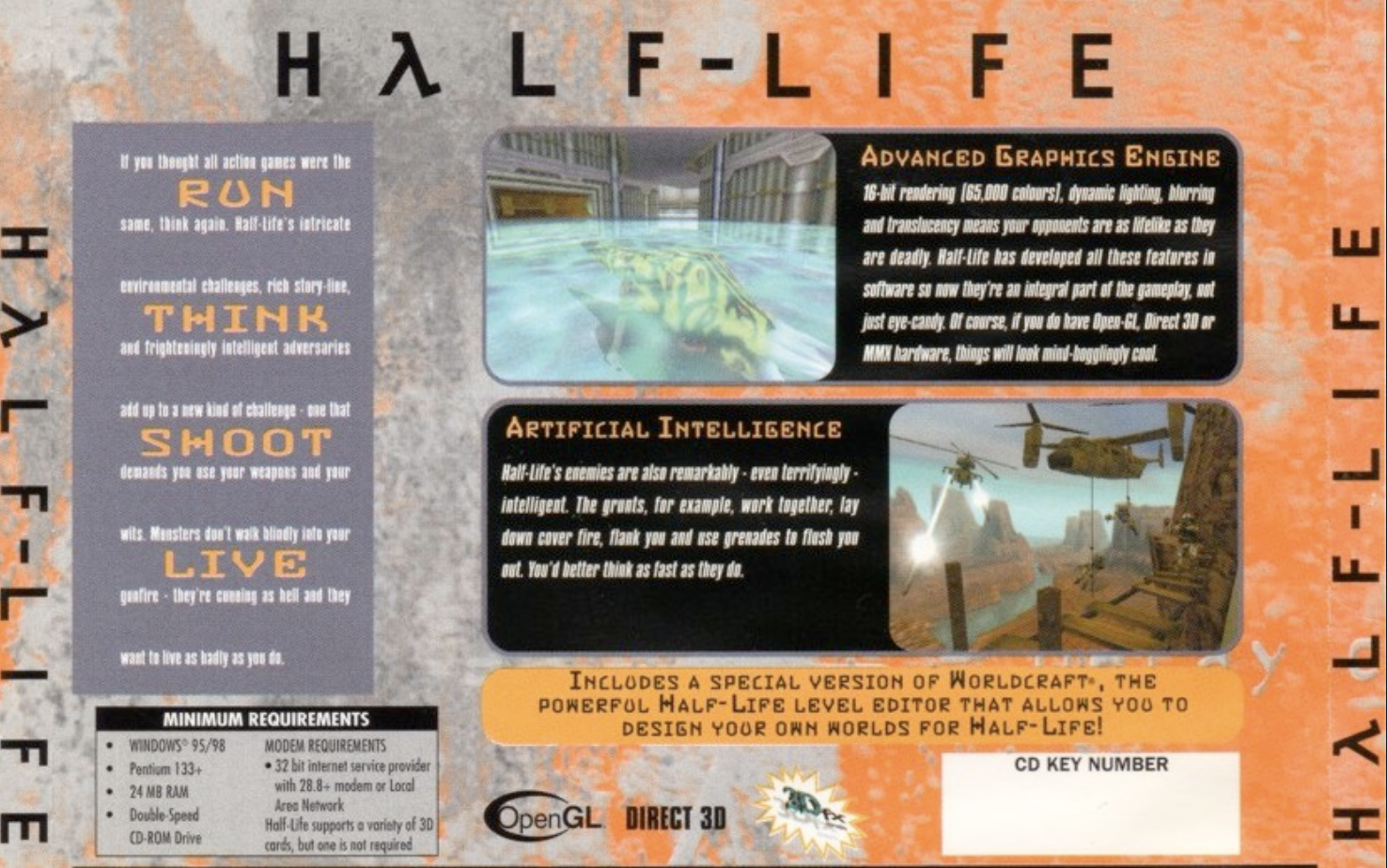 The back of the box for the original Half-Life. The slogan "RUN. THINK. SHOOT. LIVE." is plastered on it.