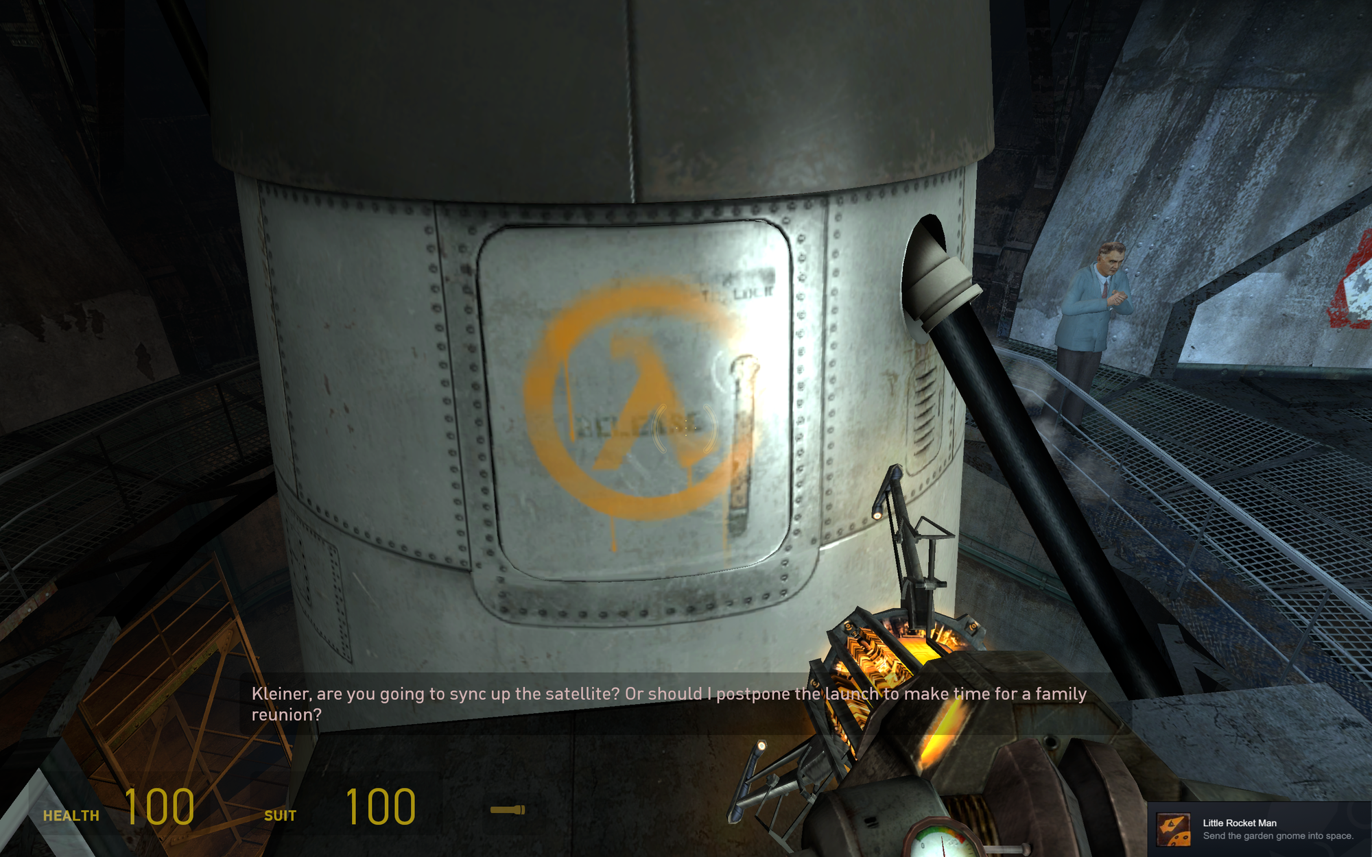 The rocket shuttle is closed, with Gnome Chompski inside of it. The Little Rocket Man achievement popped up in the corner.