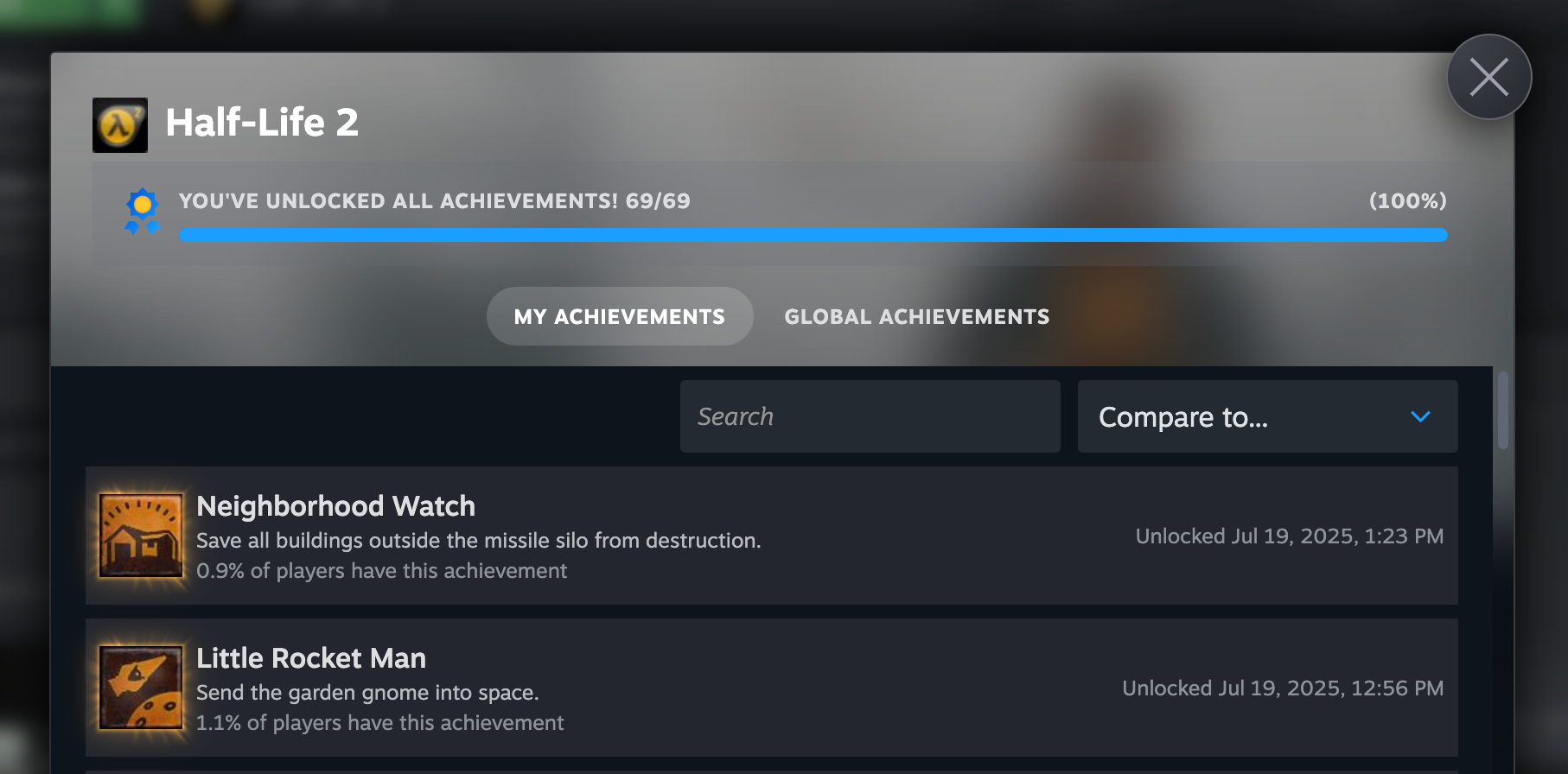 My Achievements page on Steam for HL2, showing 69/69 achievements as complete, with Little Rocketman and Neighborhood Watch as the final ones.