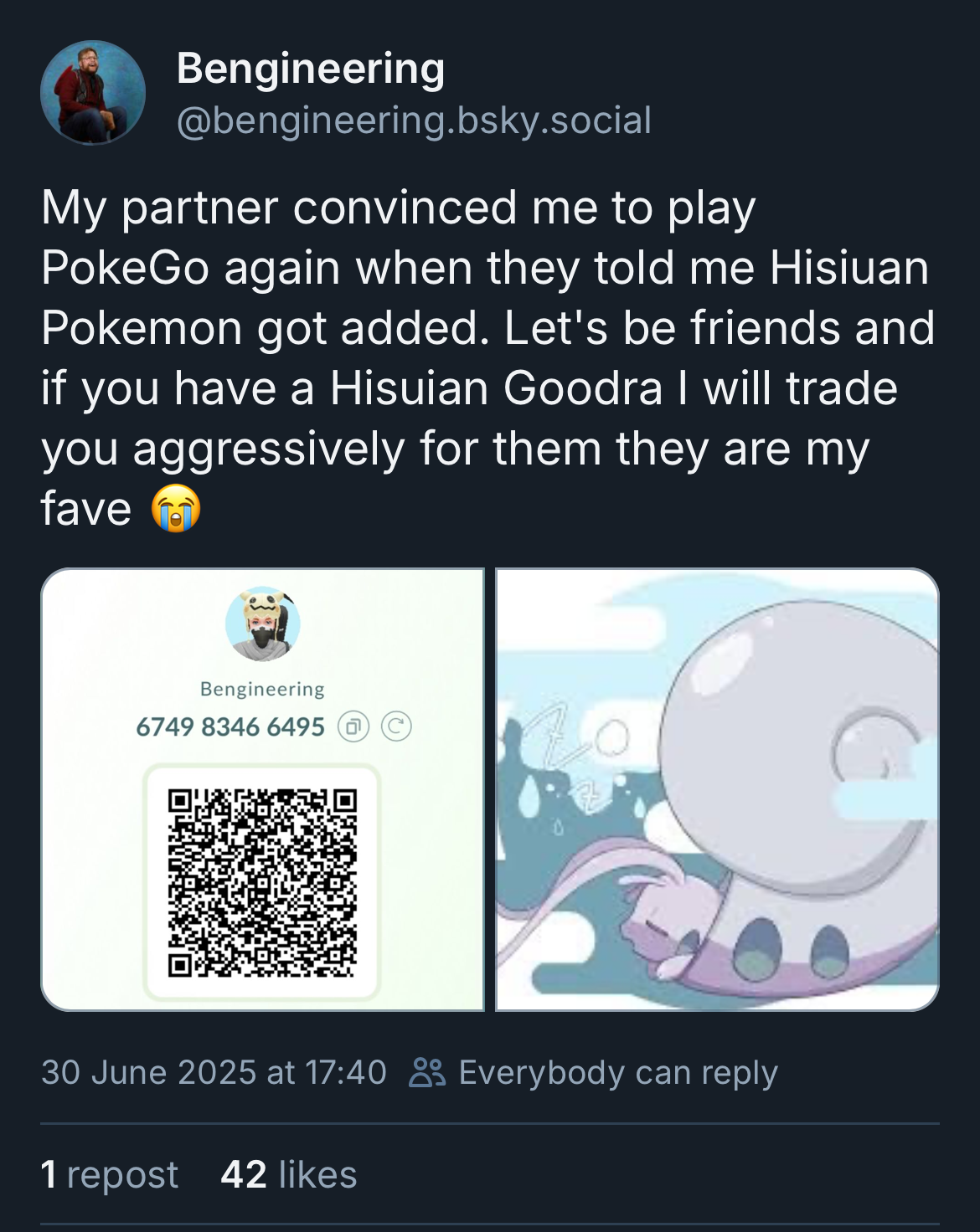 Ben's post on BlueSky. Uploaded at 17:40 (my time), around 7 hours after I started playing again.