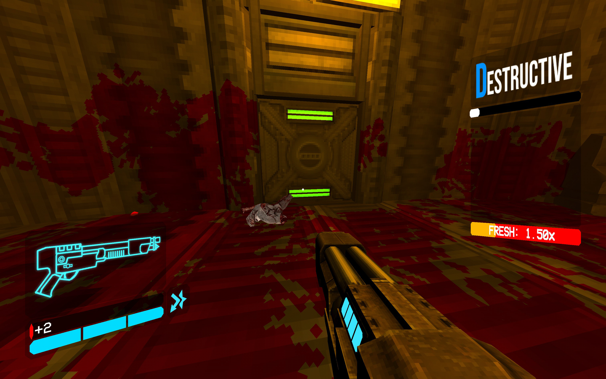 A screenshot of a room from the game. The room is very brown but has a monster's blood splattered all over. Also I am in 2 HP since I was not doing very good.