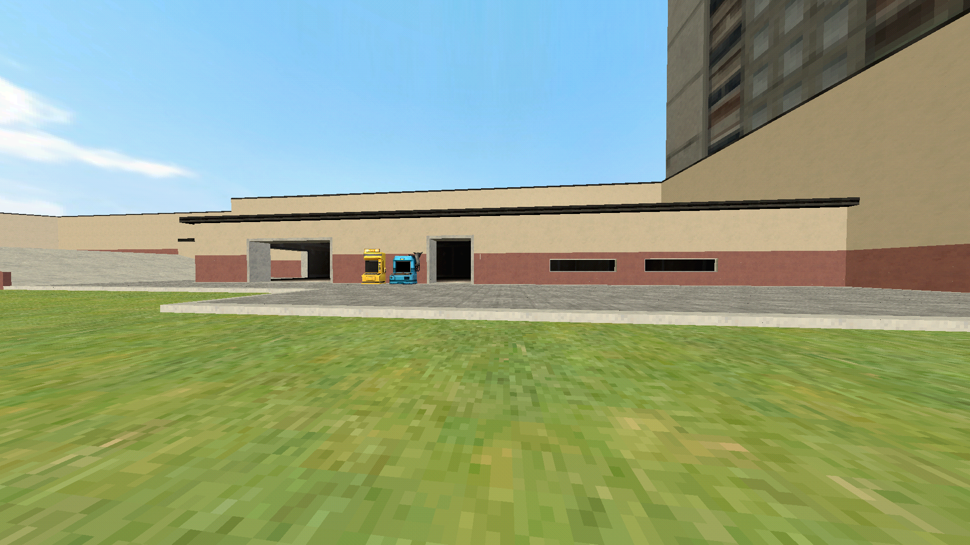 A screenshot of the Sandbox mode. The map is a recreation of gm_construct, the main sandbox map from Garry's Mod.