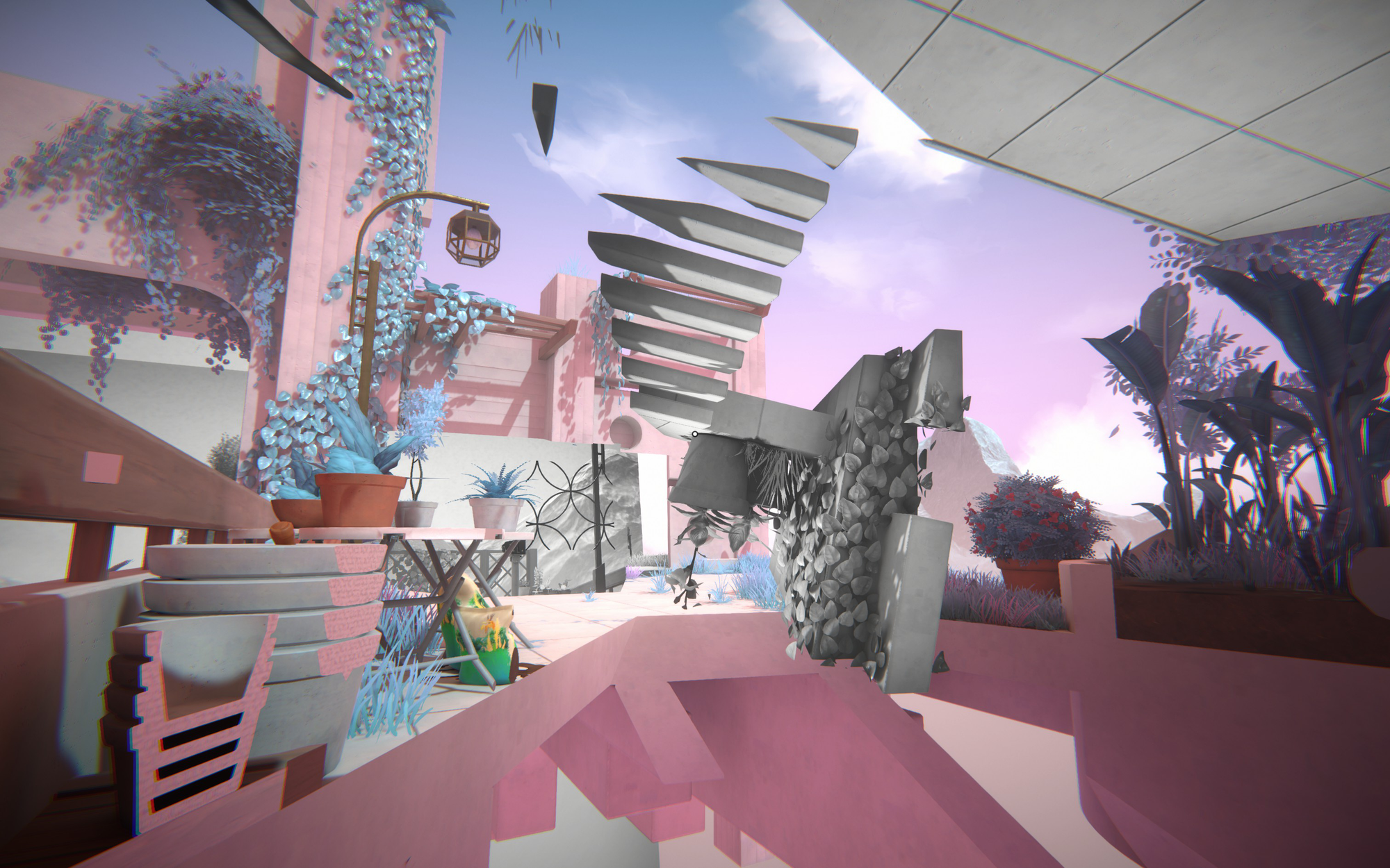 A screenshot of a puzzle after I had solved it. Its a mishmash of images which have been pasted into the world to allow me to get to a specific place.