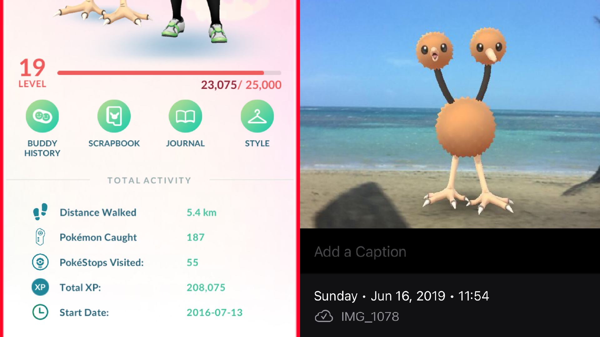 A collage of 2 images. The first is of my profile, showing that it was made all the way back on July 13, 2016, exactly 9 years ago from time of writing. The other one is my last picture of the game before I got into it again now, taken June 16, 2019. The specific picture is of my buddy Dodoub (a Doduo) at a beach in Las Terrenas.