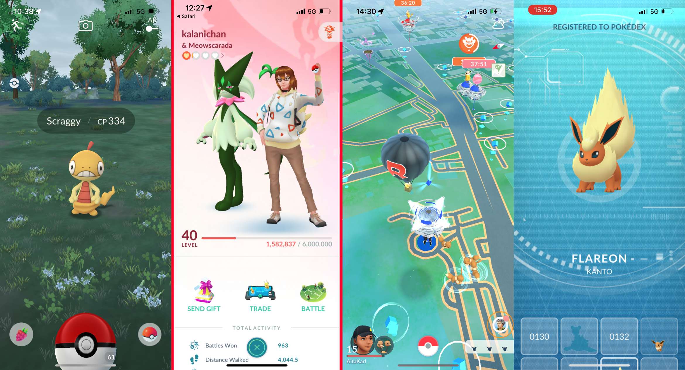 A collage of 4 images. The first is of the first Pokémon I encountered when I rebooted the game, an adorable Scraggy. The second photo is of my sister's impressive Level 40 profile. The third is a screenshot of the map during the cubing competition, during the Eevee Community day (which I had no idea was happening), the map being filled with Eevees. The final picture is a screenshot of me unlocking my first Flareon after evolving one of the Eeevees.