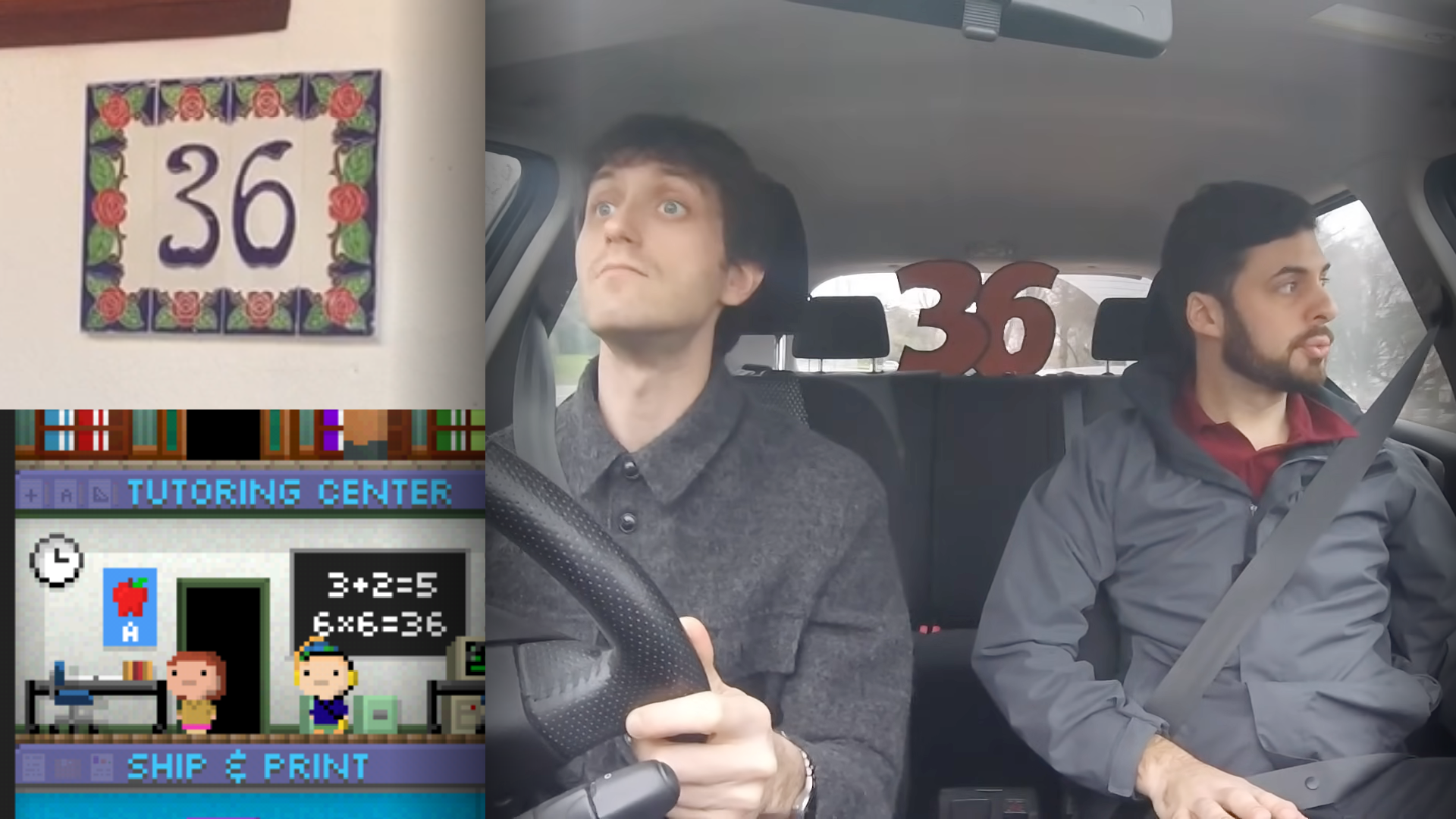 A collage of three images. Two small ones of the sign saying 36, and another of the Tutoring Center floor in Tiny Tower with 6x6=36 written on it. The large image is of a 36 menacingly standing behind the Map Men (Jay Foreman & Mark Cooper-Jones) in a car.