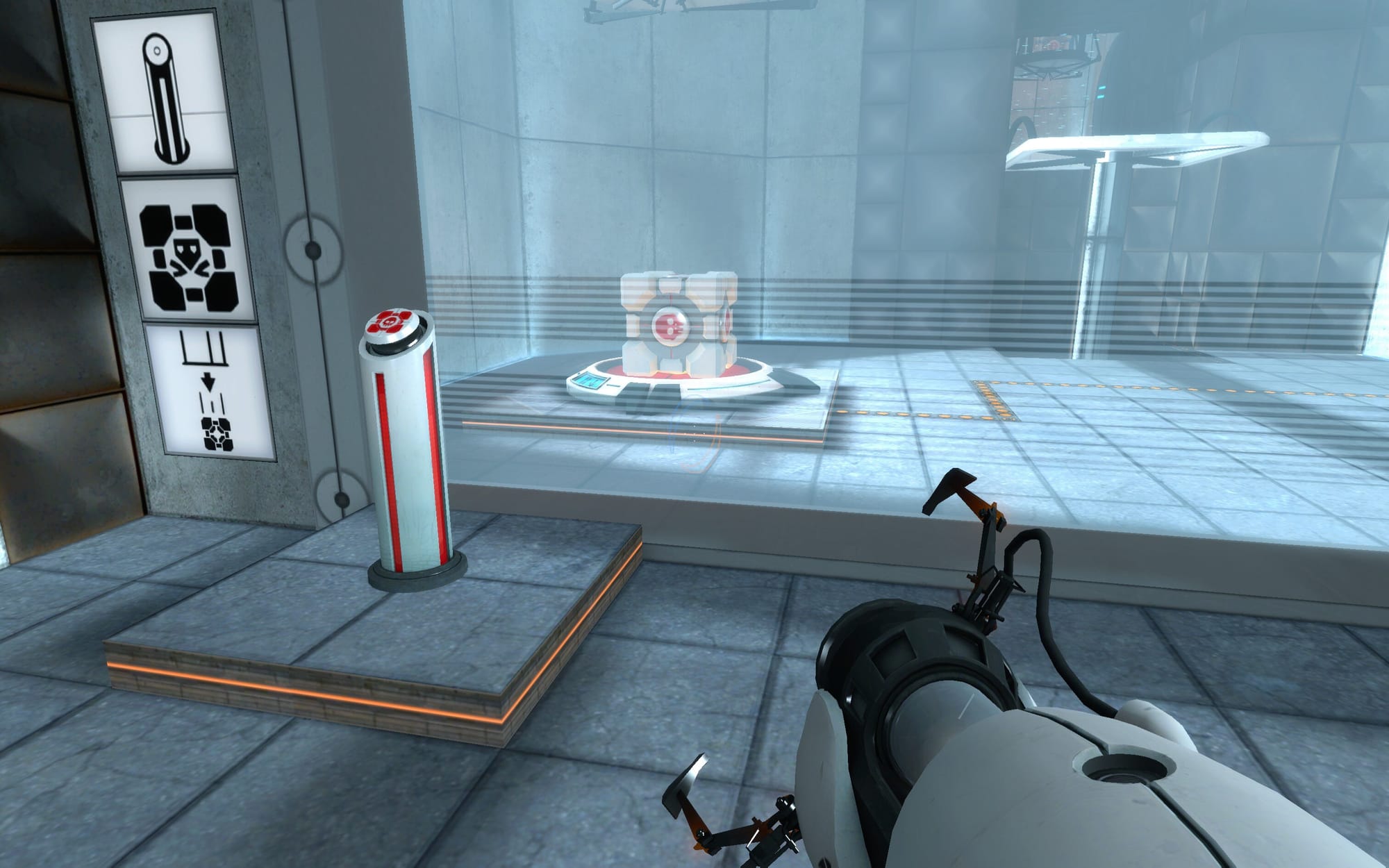 The Death/Skull Cube in Portal: Still Alive Enhanced. It's a cube with red lights and a red skull face drawn on it.