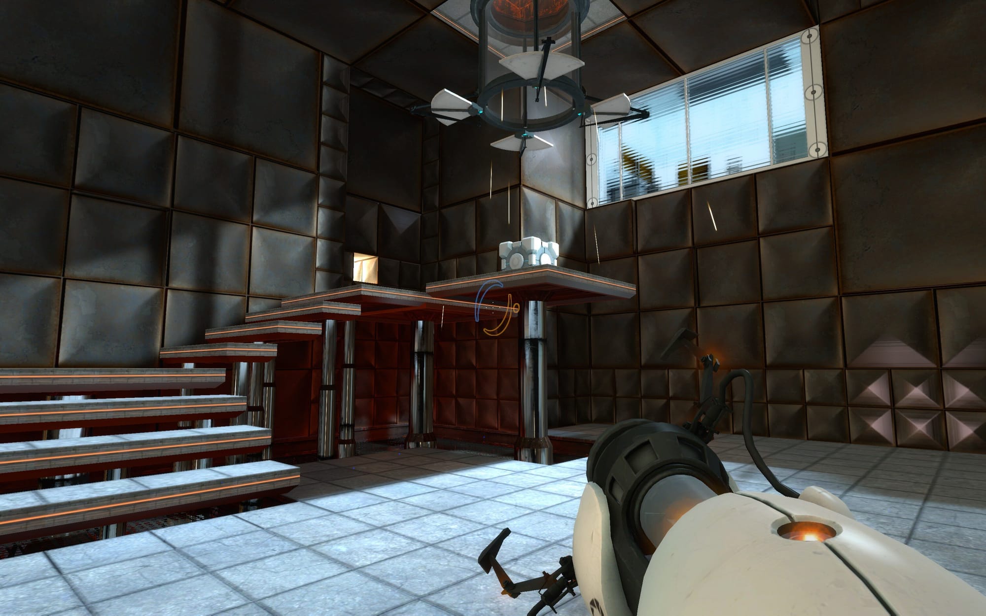 A screenshot of Portal: Still Alive Enhanced. A storage cube is in a raised platform below a broken dropper.
