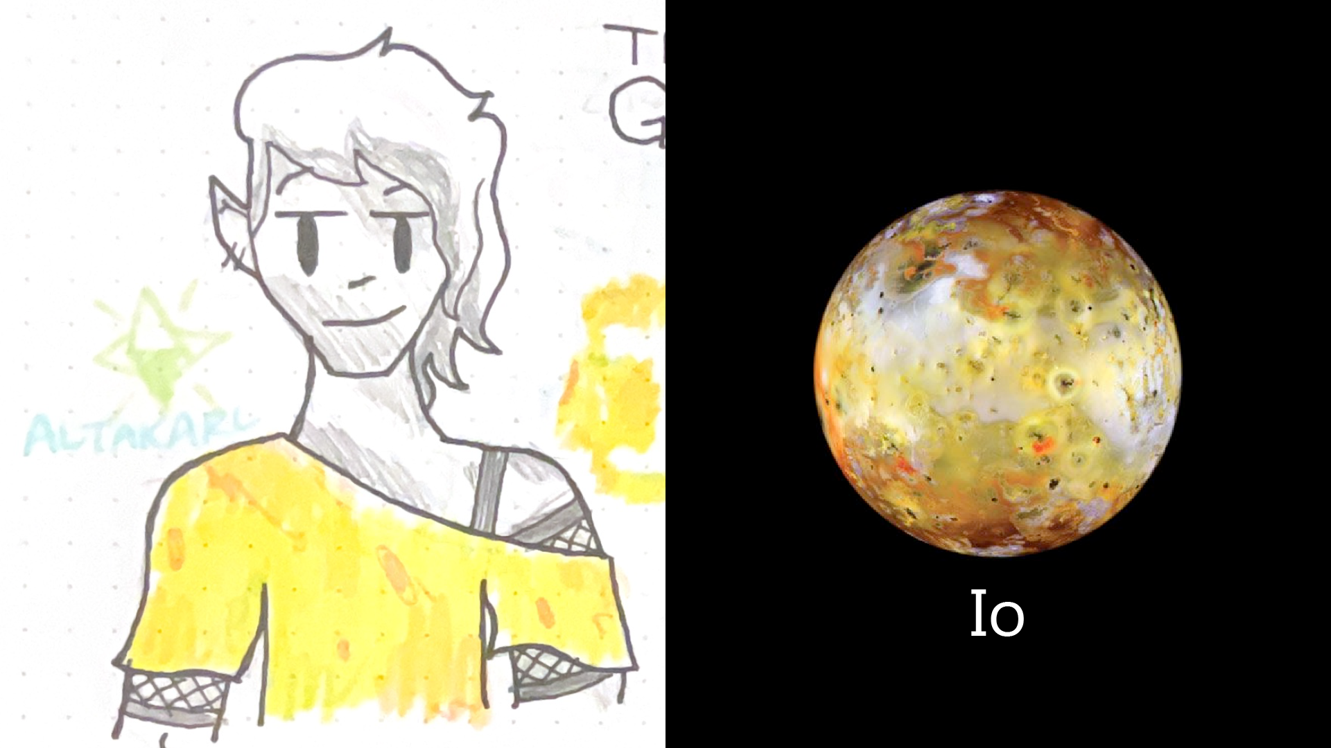 Io. A slightly messy and grimy girl with piercings, a very loose-fitting shirt, fishnet arm bands.