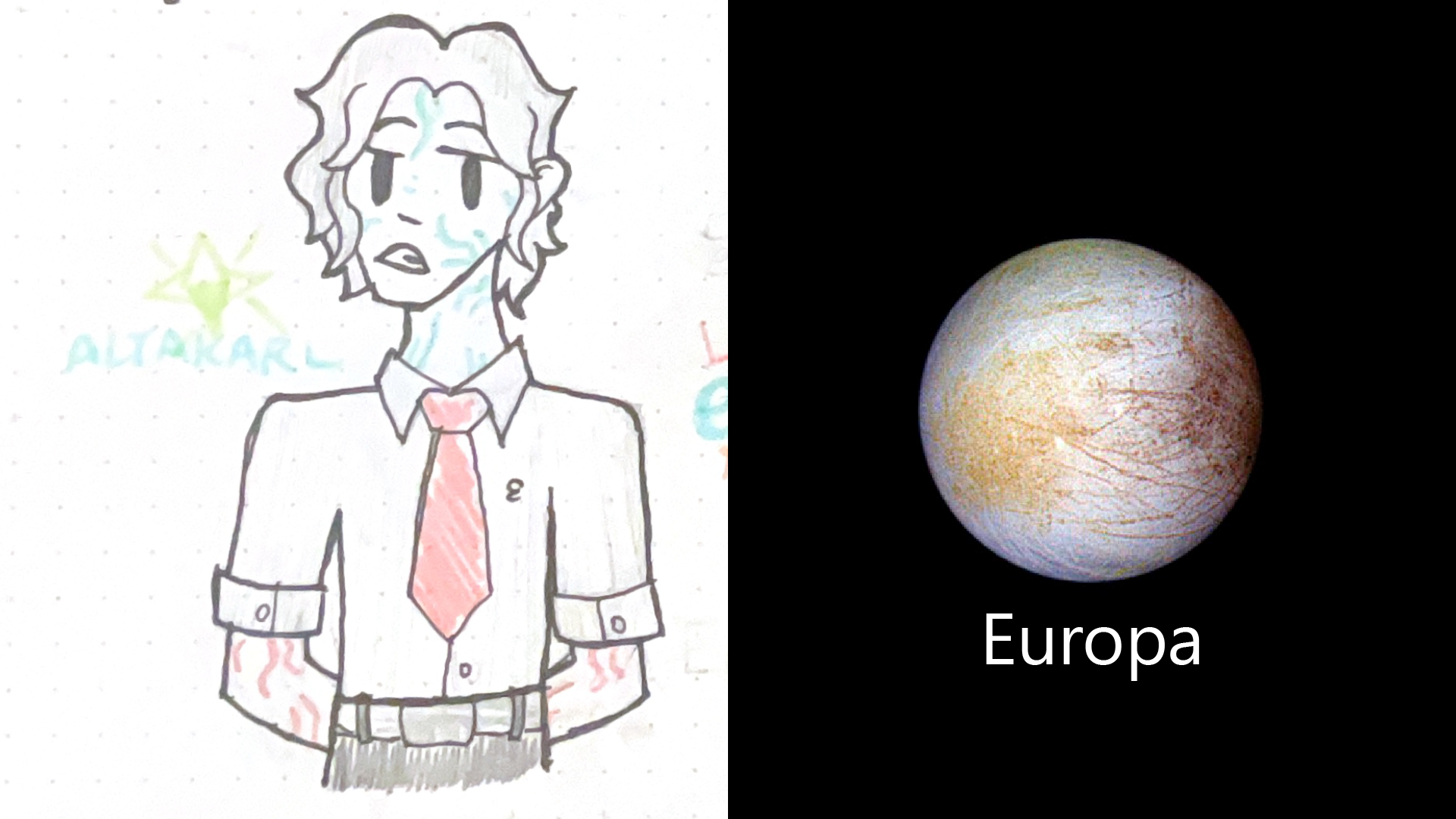 Europa. A very white girl, dressed mysteriously formally, and with red and blue veins visible all over her body.