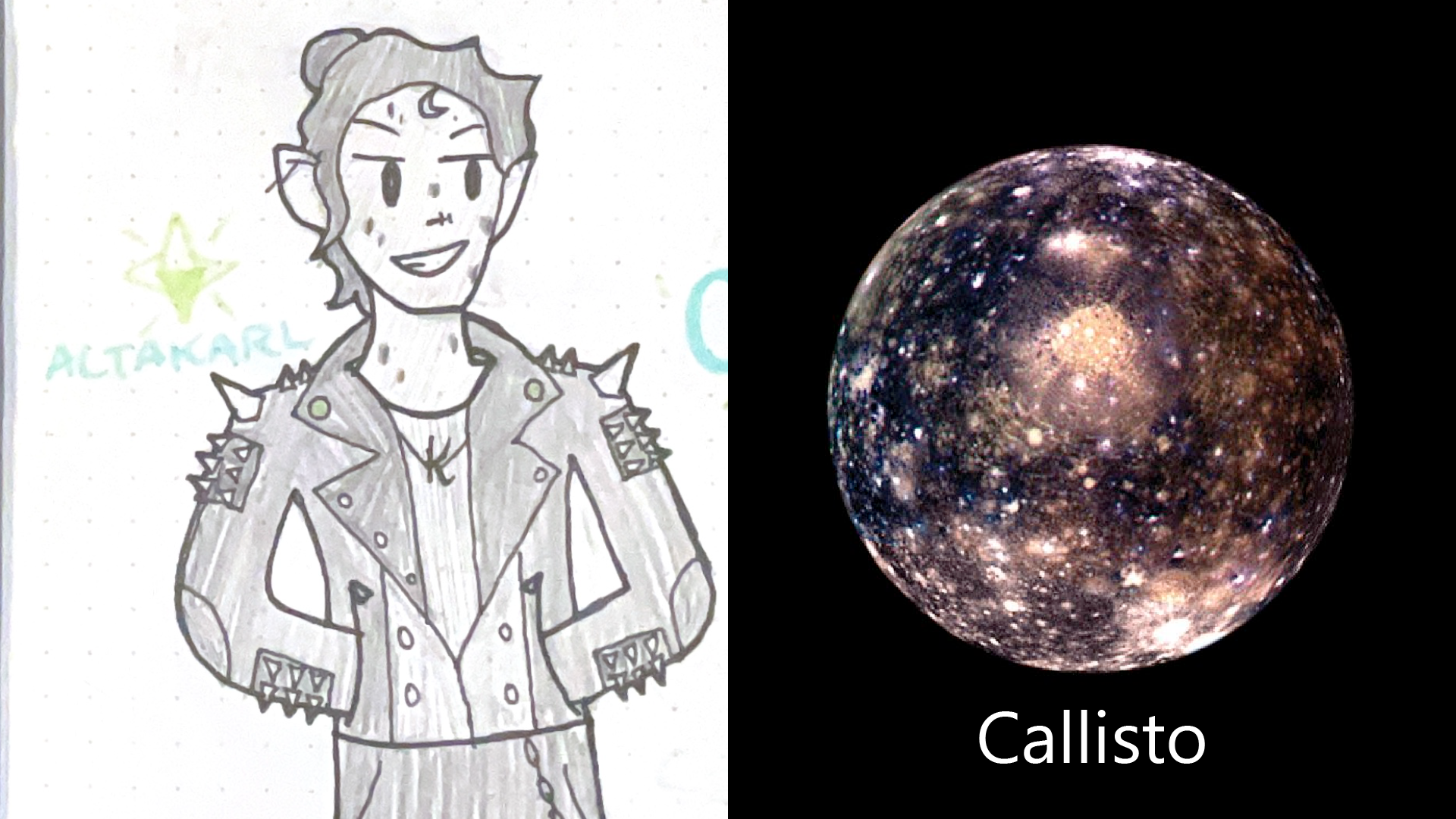 Callisto. A punk-styled girl wearing a very spiky jacket, covered with beauty marks all over.