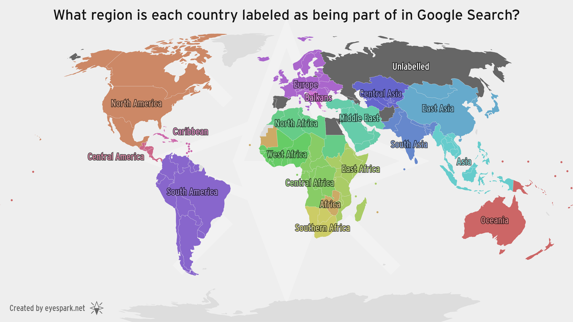A map showing what regions Google says each country belongs to when looked up.