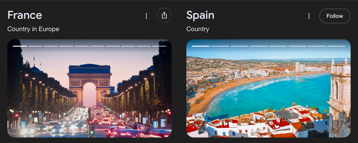 Google results for France and Spain. France says it's a "Country in Europe" while Spain says it's a "Country" and nothing else.