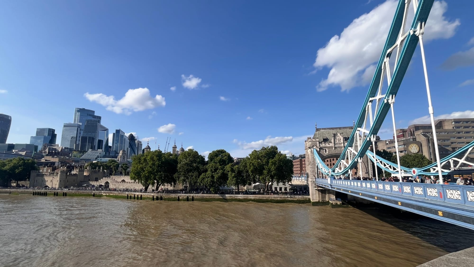 The view from the bottom of the northmost tower in Tower Bridge, looking at the north of the city. The Tower of London is visible.