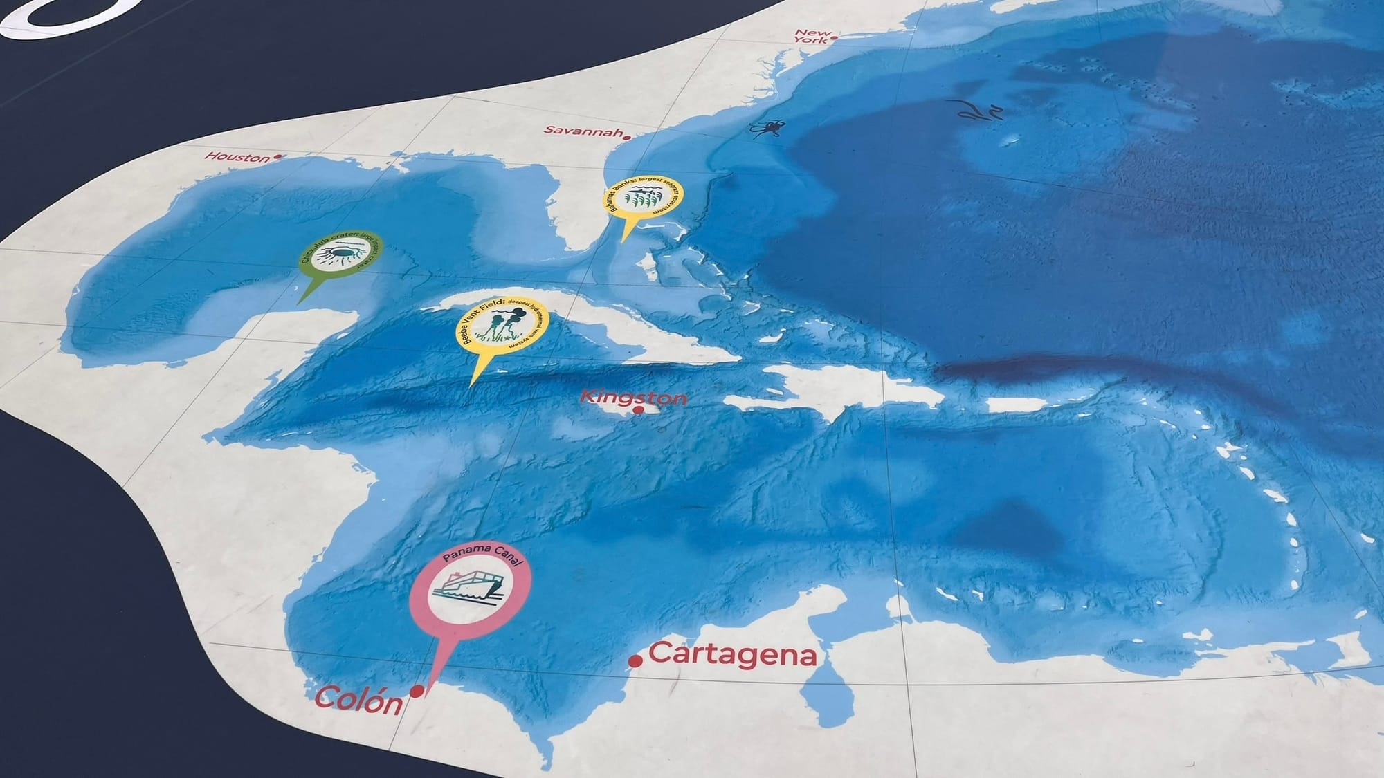 A section of the huge Ocean Map in the floor of the National Maritime Museum. The area is focused on the Americas, with the entirety of the Caribbean visible.