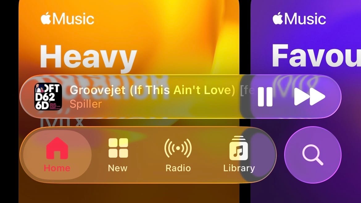 The bottom menu bar for Apple Music refracting album and mix covers in the background.