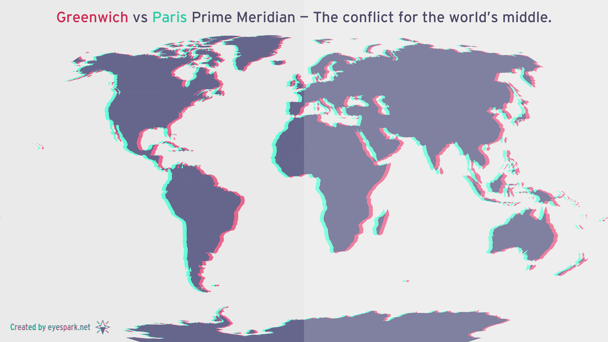 A map showing the Greenwich prime meridian in red, and the Paris prime meridian in cyan. They are overlayed on top of each other, with overlapping sections being a deep purple.